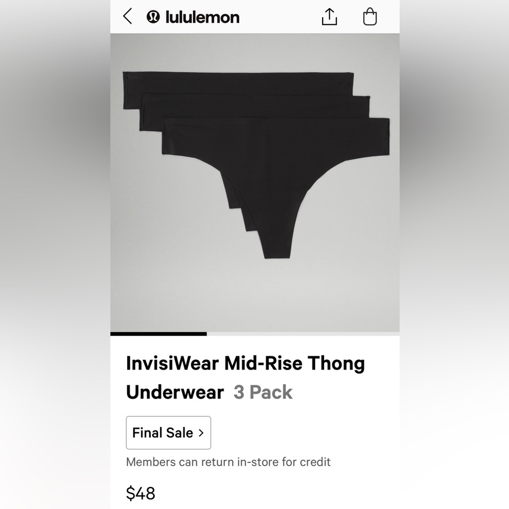 3 Pair Lululemon Invisiwear Thong - Black